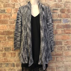 Black and white knitted open face cardigan